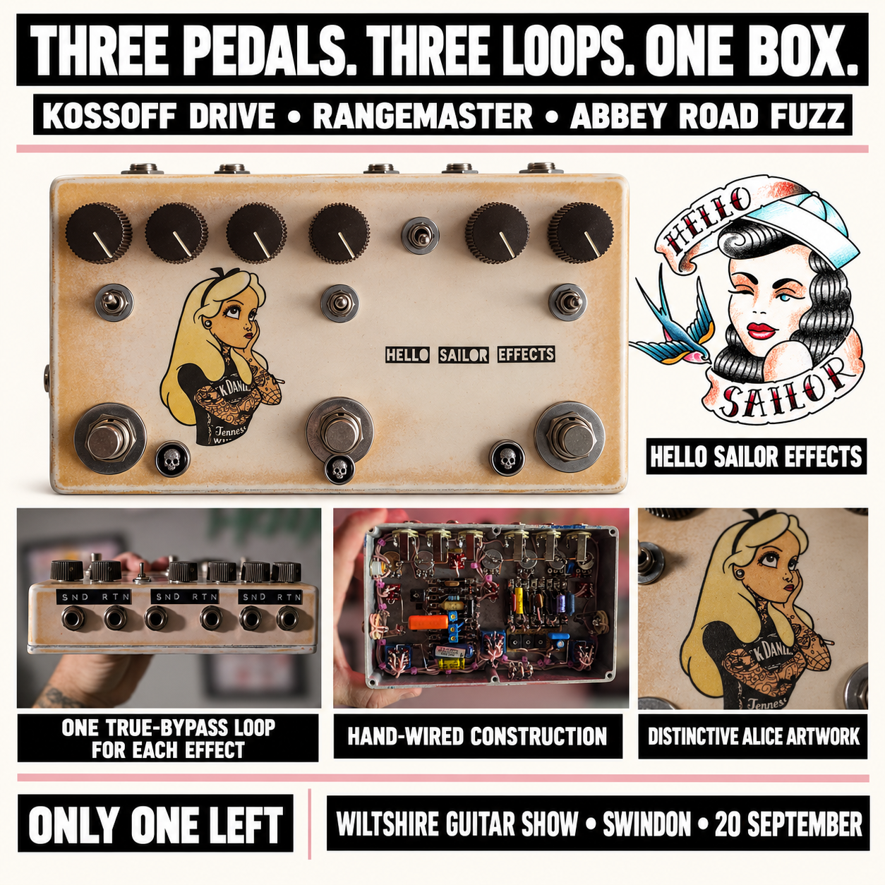 Shell Pink Three in One Pedal with Abbey Road Fuzz, Rangemaster, Kossoff Drive and Three Independent Effects Loops